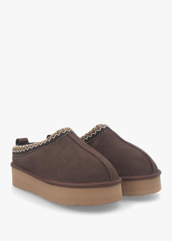 Somolly Brown Suede Shearling Platform Slippers