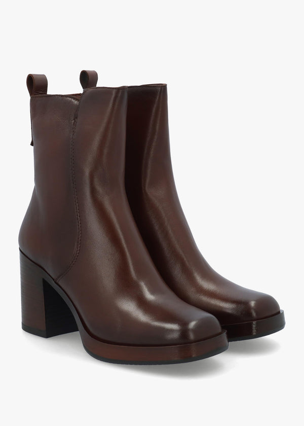 Mosie Brown Leather Block Heel Ankle Boots