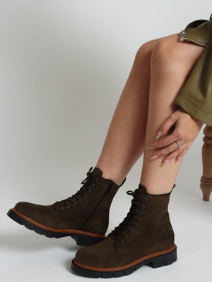 Lissy Green Suede Lace Up Ankle Boots