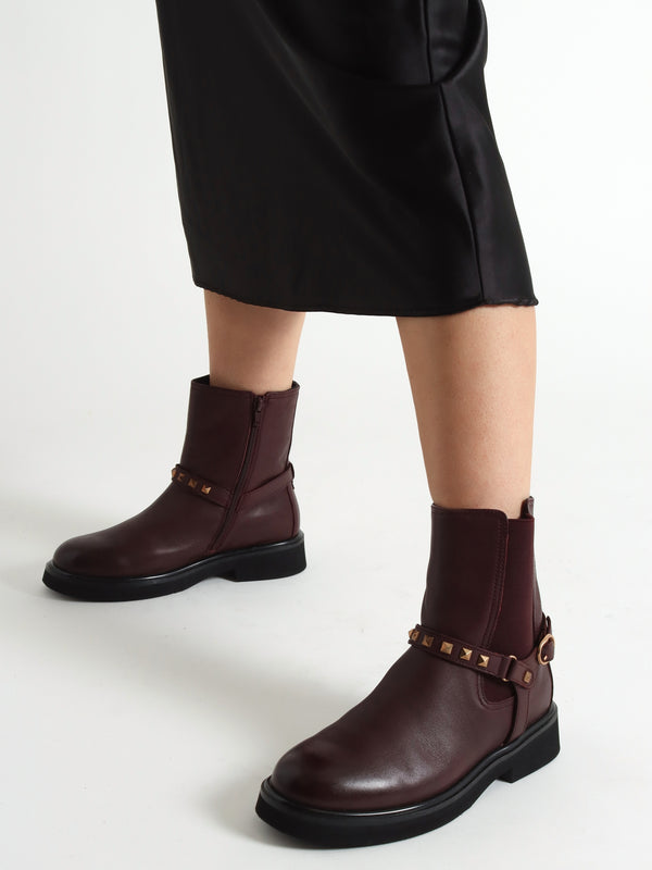 Roxanne Burgundy Leather Studded Strap Chelsea Boots