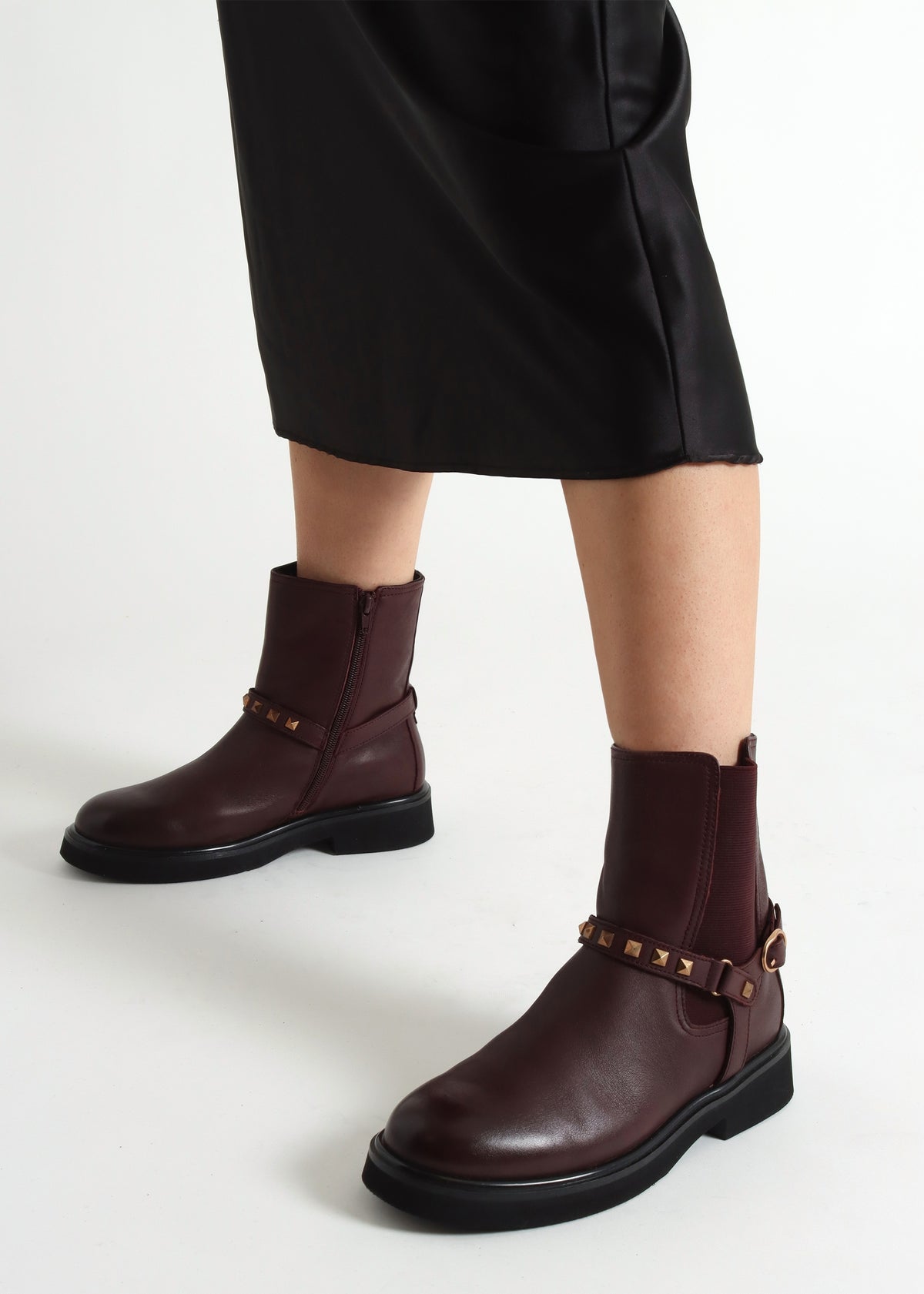 Roxanne Burgundy Leather Studded Strap Chelsea Boots
