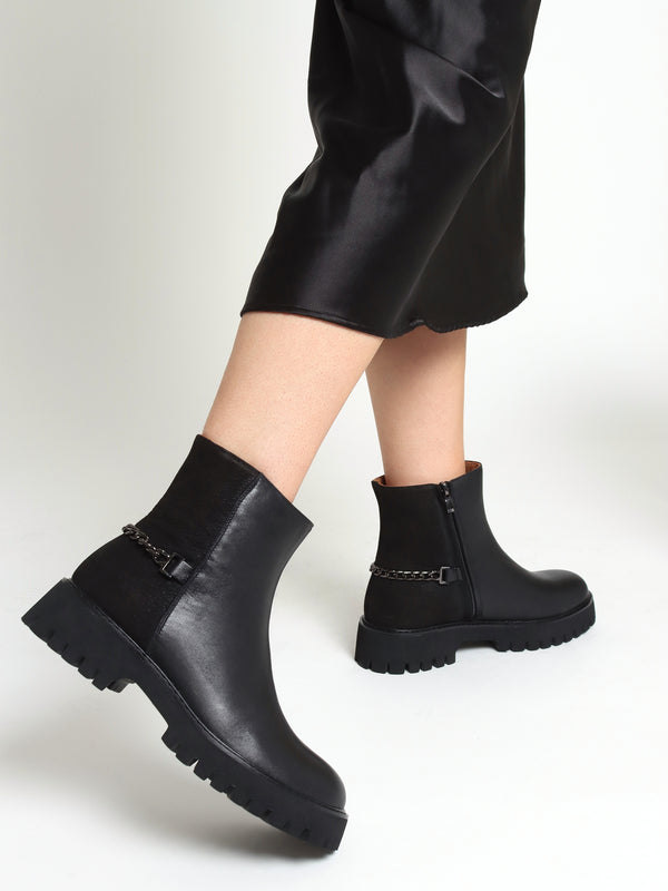 Roxie Black Leather & Nubuck Chunky Ankle Boots
