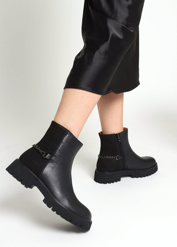 Roxie Black Leather & Nubuck Chunky Ankle Boots