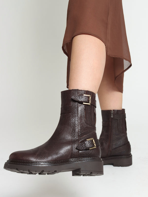 Ibuck Brown Leather Chunky Biker Boots