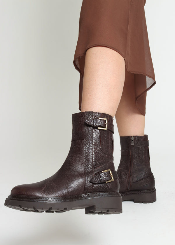 Ibuck Brown Leather Chunky Biker Boots