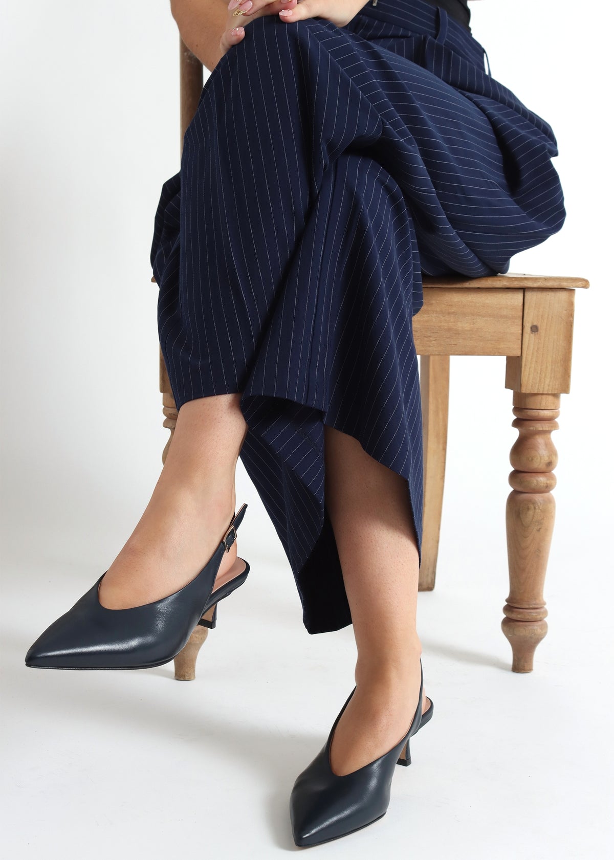 Siamma Navy Leather Kitten Heel Sling Backs