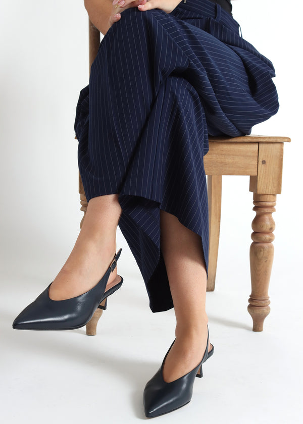 Siamma Navy Leather Kitten Heel Sling Backs