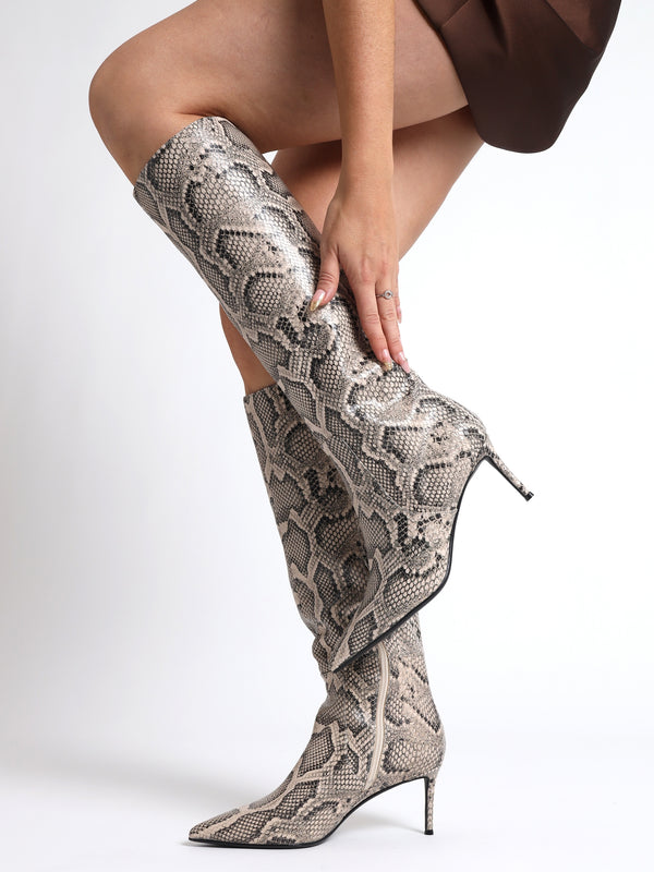 Saffia Beige Leather Reptile Slim Heel Knee Boots