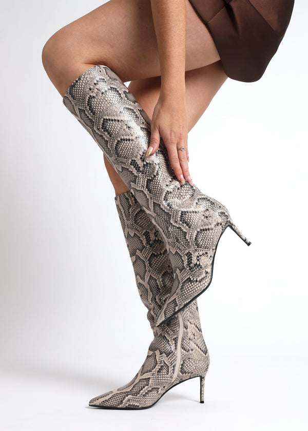 Saffia Beige Leather Reptile Slim Heel Knee Boots