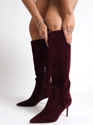 Saffia Burgundy Suede Slim Heel Knee Boots