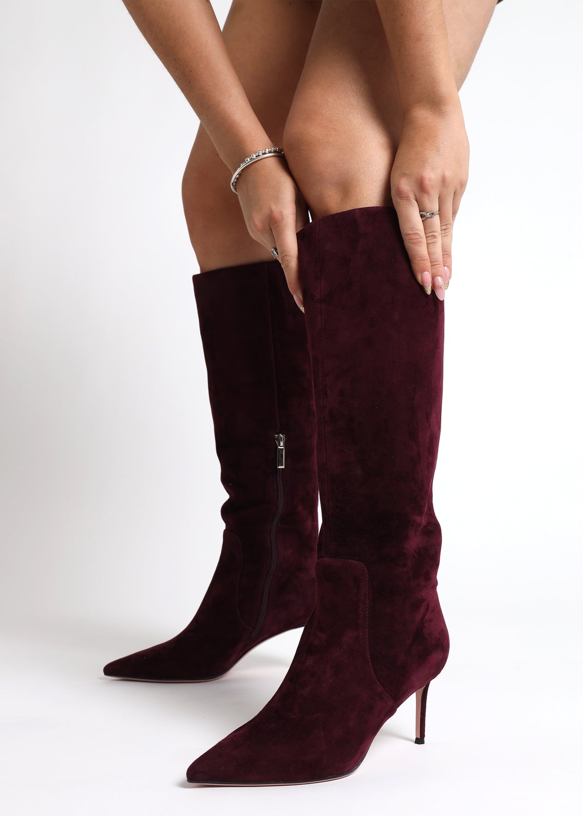Saffia Burgundy Suede Slim Heel Knee Boots