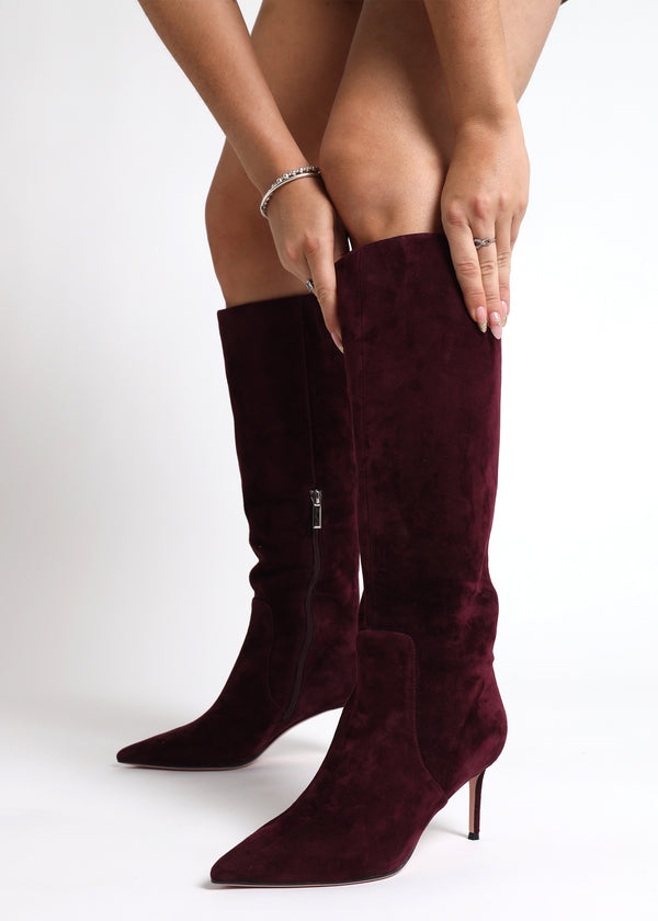 Saffia Burgundy Suede Slim Heel Knee Boots