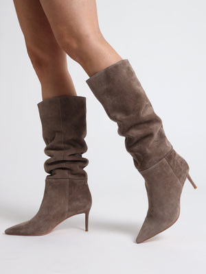 Suched Taupe Suede Heeled Knee Boots