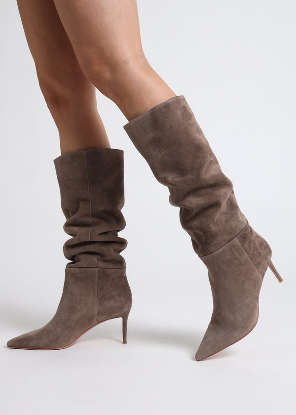 Suched Taupe Suede Heeled Knee Boots