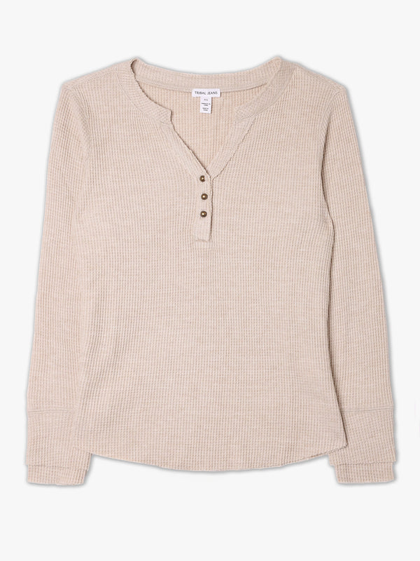Henley Waffle Beige Long-Sleeve Top