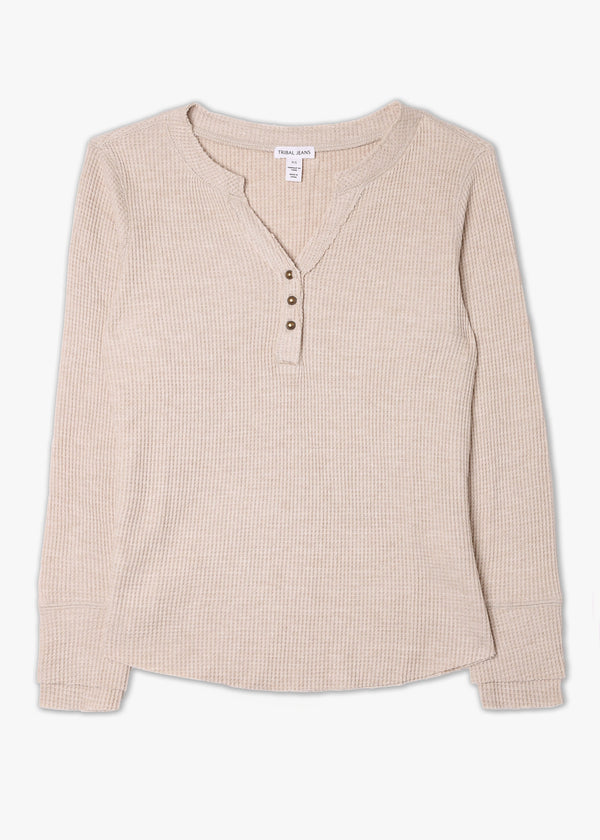 Henley Waffle Beige Long-Sleeve Top