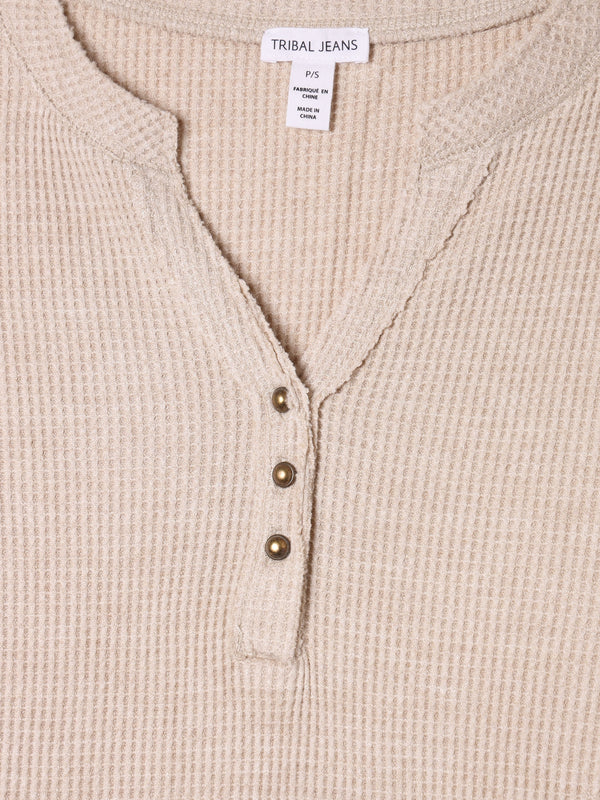 Henley Waffle Beige Long-Sleeve Top