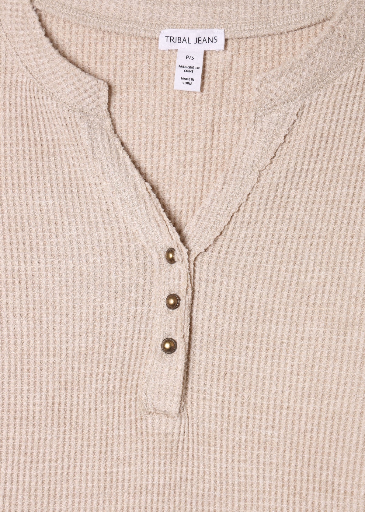 Henley Waffle Beige Long-Sleeve Top