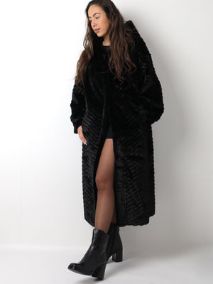 Black Faux Fur Longline Hooded Coat