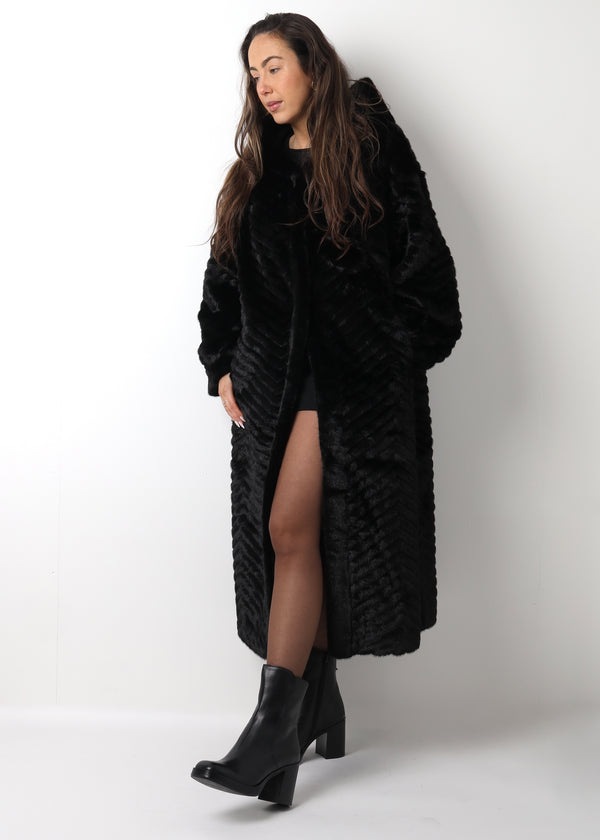 Black Faux Fur Longline Hooded Coat