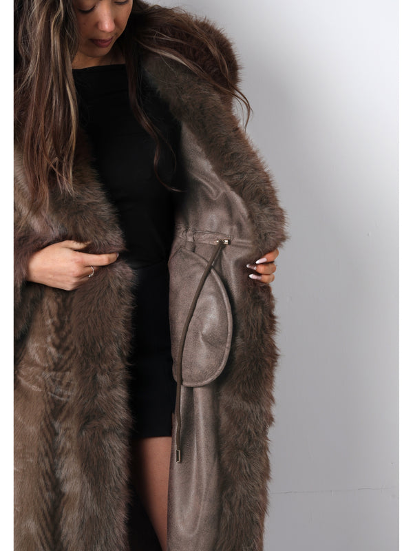 Brown Feather Stripe Faux Fur Collar Coat