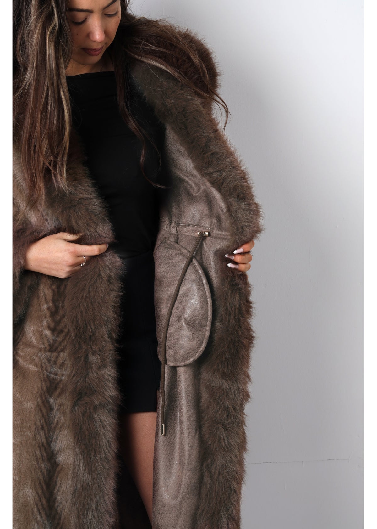 Brown Feather Stripe Faux Fur Collar Coat