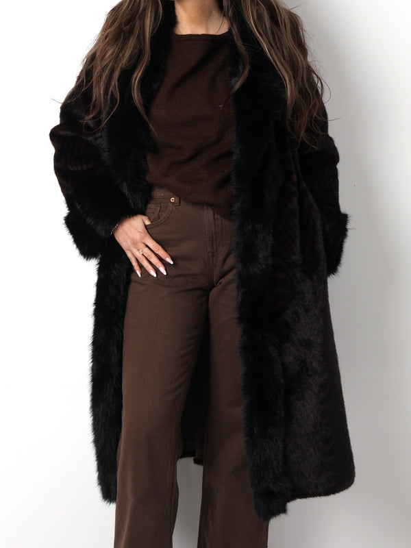 Black & Brown Swirl Faux Fur Collar Coat