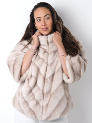 Beige Shaded Stripe Short Sleeve Faux Fur Jacket
