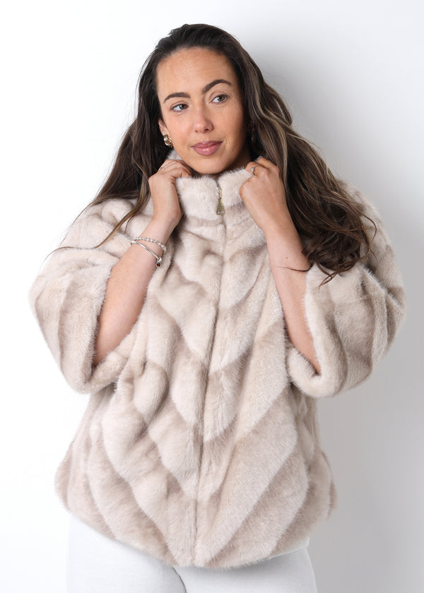 Beige Shaded Stripe Short Sleeve Faux Fur Jacket