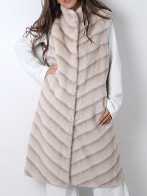 Beige Shaded Stripe Faux Fur Longline Gilet