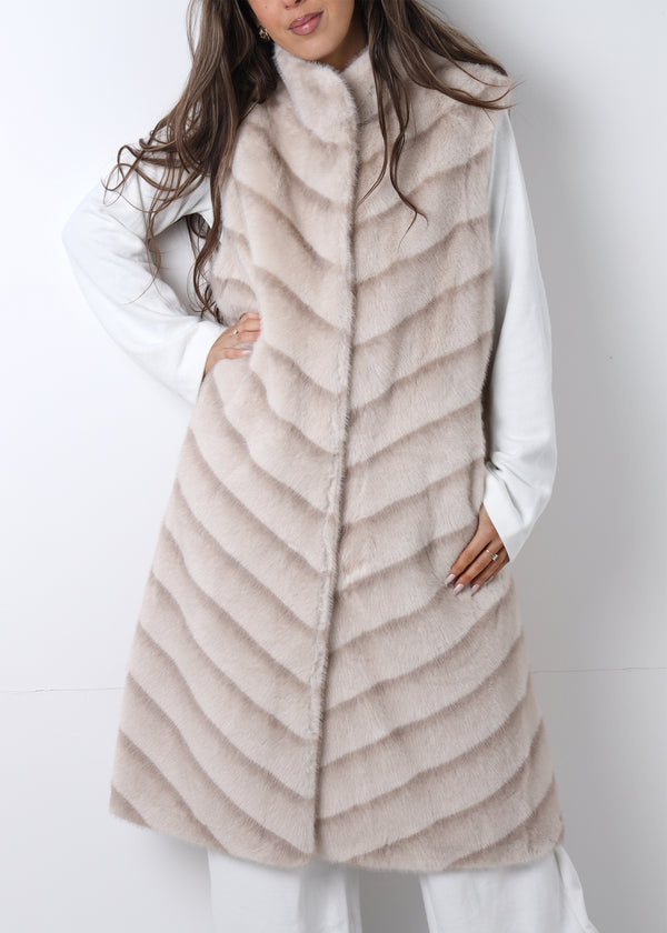 Beige Shaded Stripe Faux Fur Longline Gilet