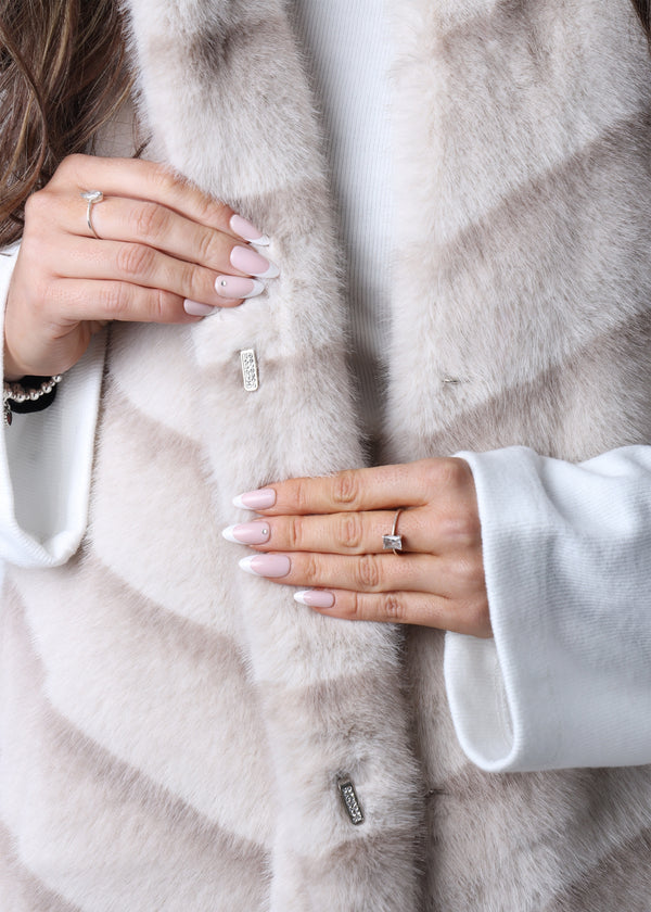 Beige Shaded Stripe Faux Fur Longline Gilet