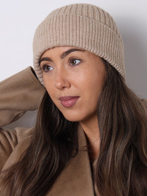 Beige Ribbed Beanie Hat