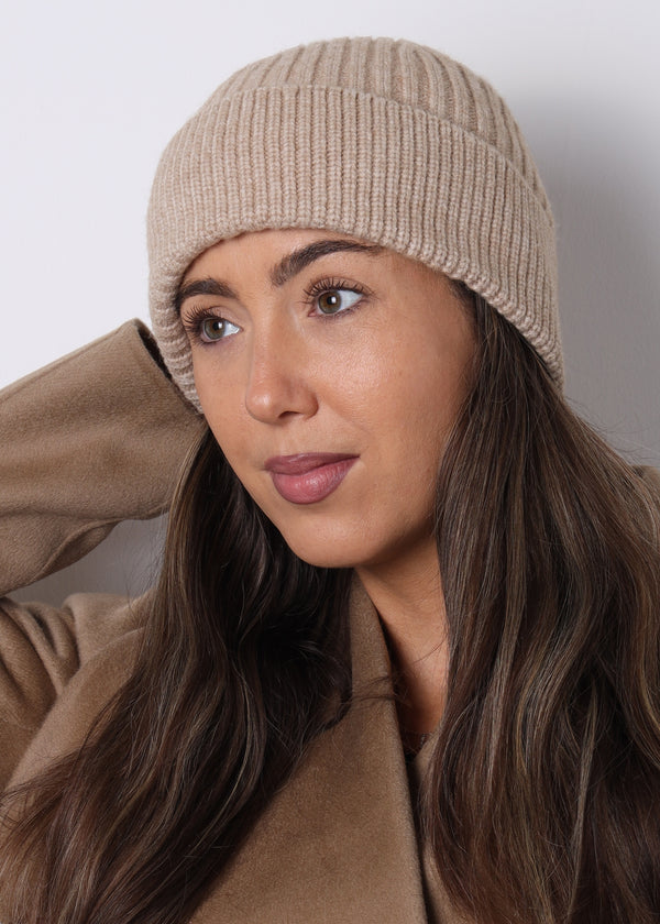 Beige Ribbed Beanie Hat