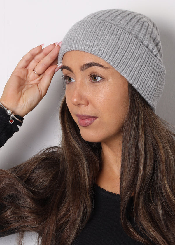 Light Grey Ribbed Beanie Hat
