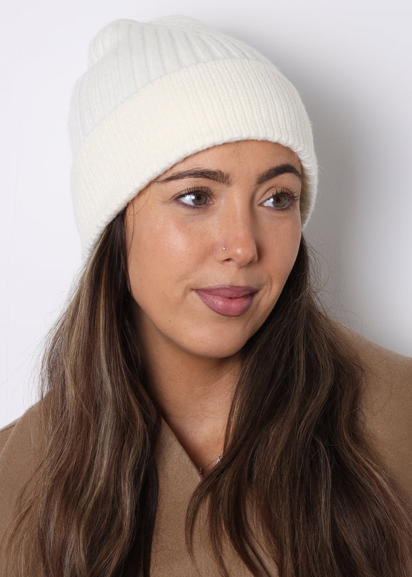 Cream Ribbed Beanie Hat