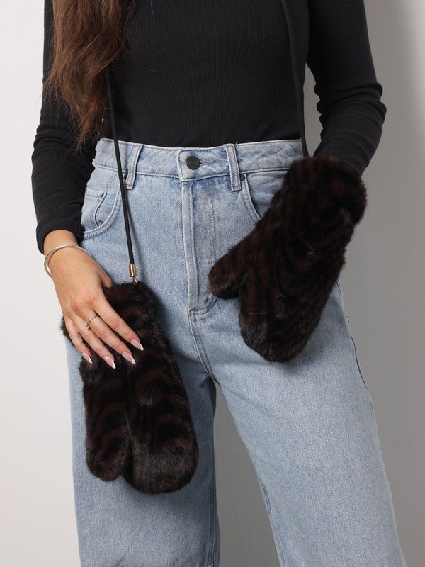 Furry Black & Brown Swirl Faux Fur Mittens