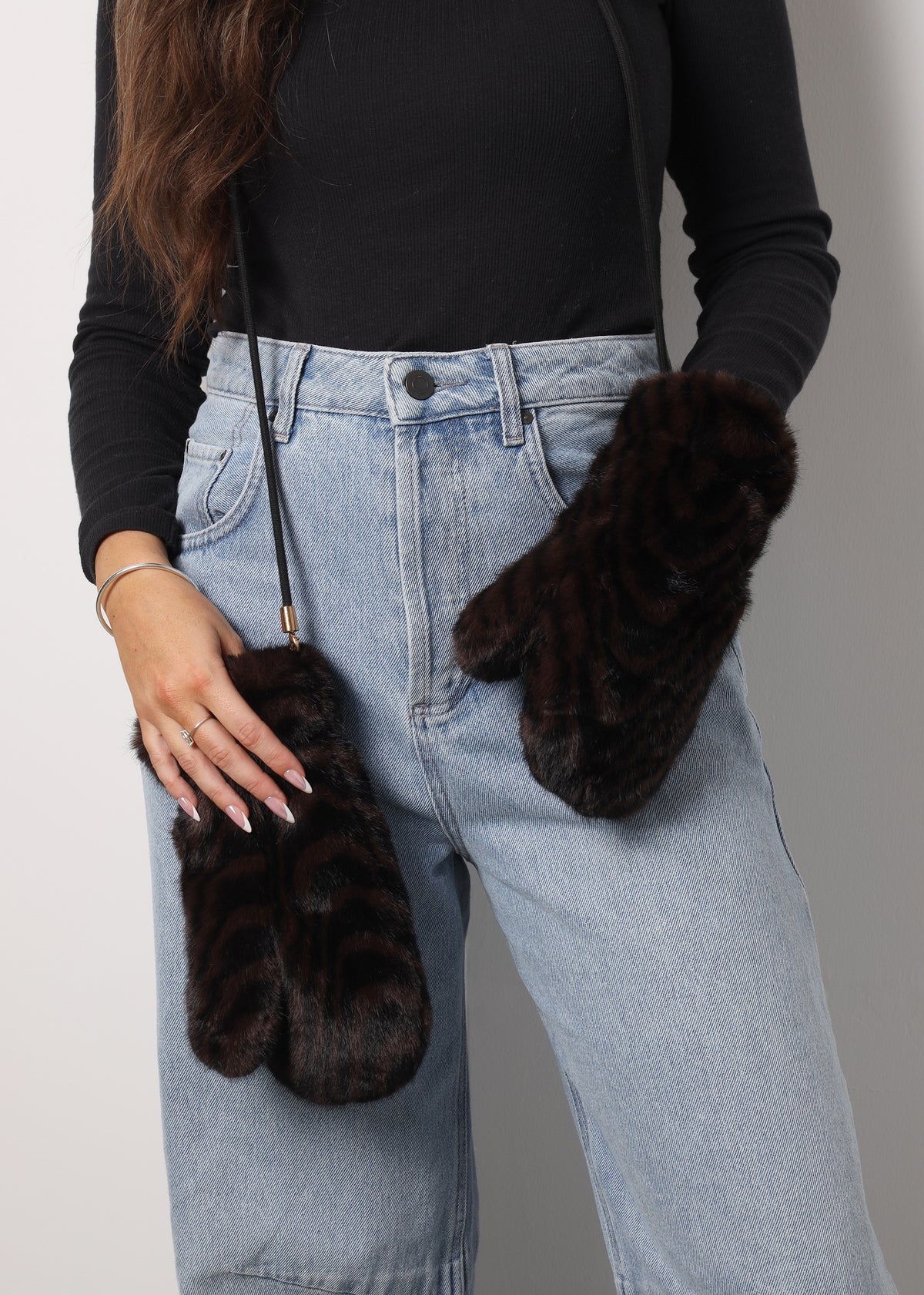 Furry Black & Brown Swirl Faux Fur Mittens