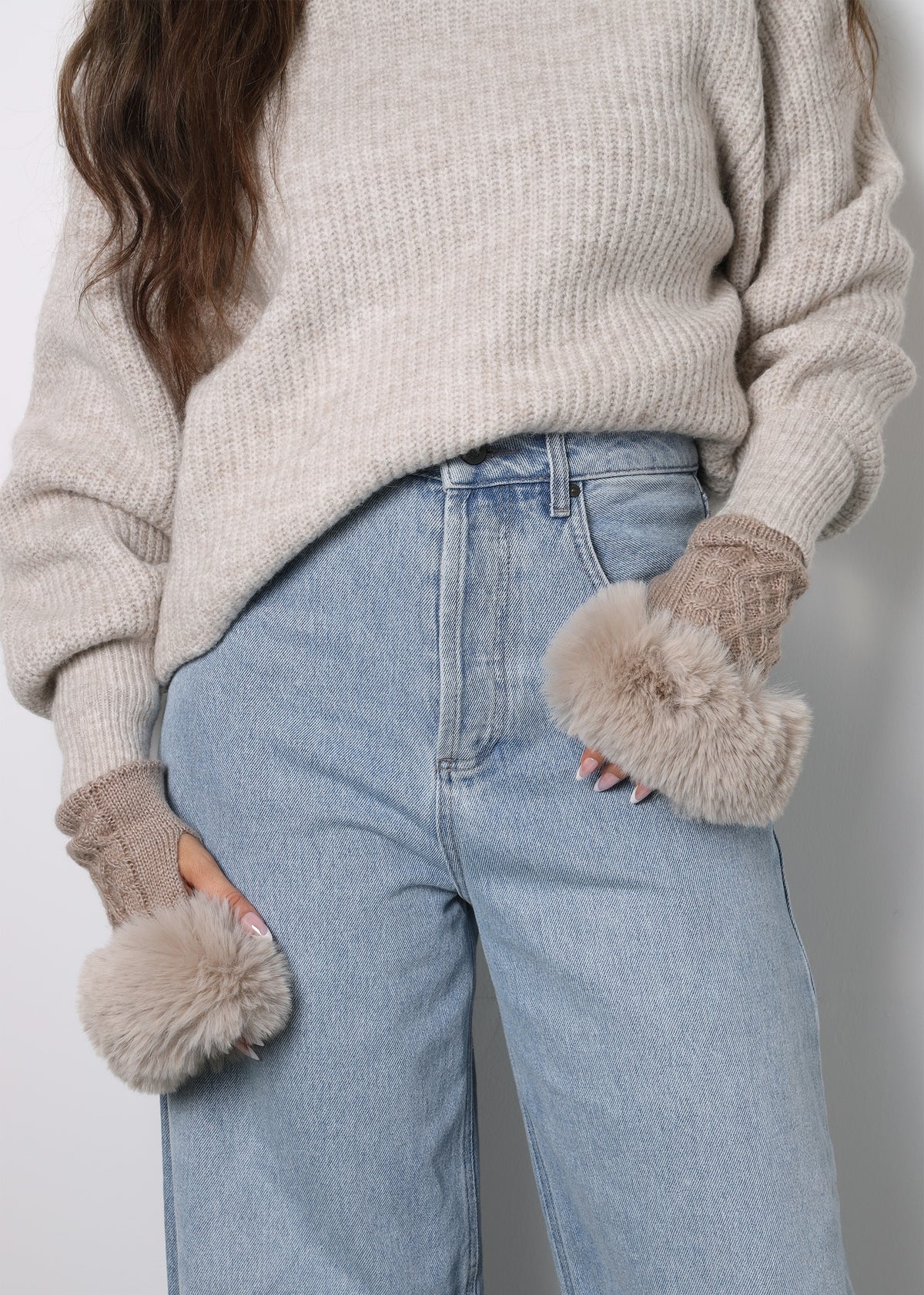 Taupe Faux Fur Fingerless Gloves