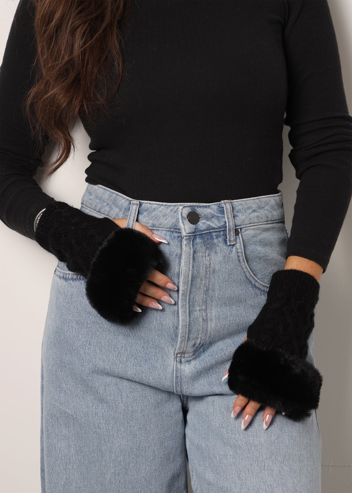Black Faux Fur Fingerless Gloves