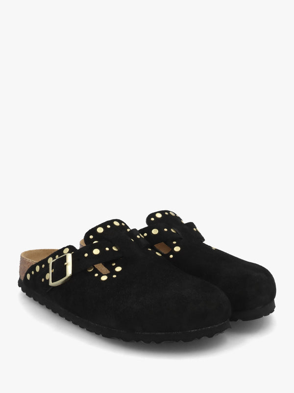 Boston Rivet Border Black Suede Leather Clogs