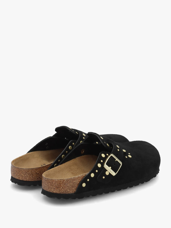 Boston Rivet Border Black Suede Leather Clogs