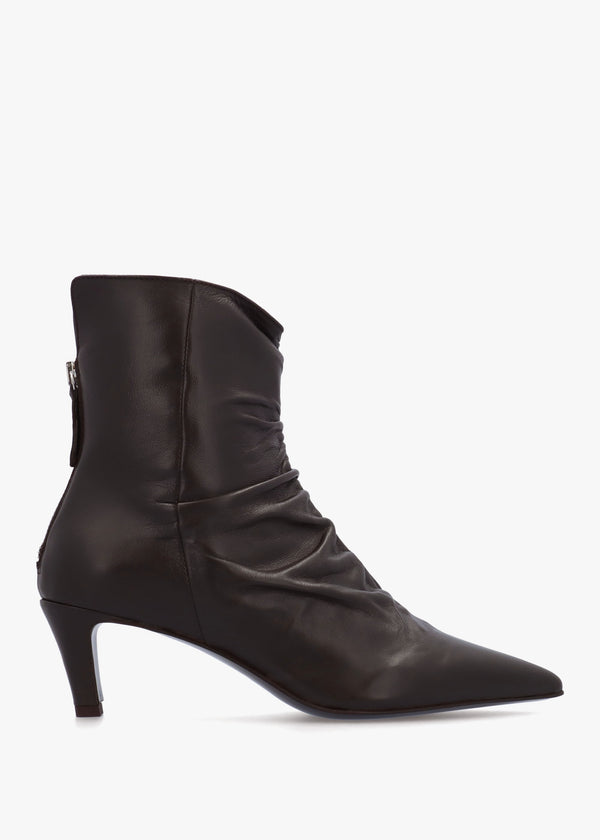 Nia Brown Leather Rouched Front Low Heel Ankle Boots