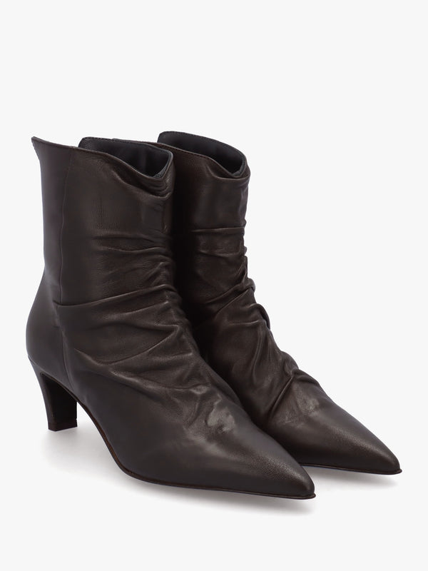 Nia Brown Leather Rouched Front Low Heel Ankle Boots