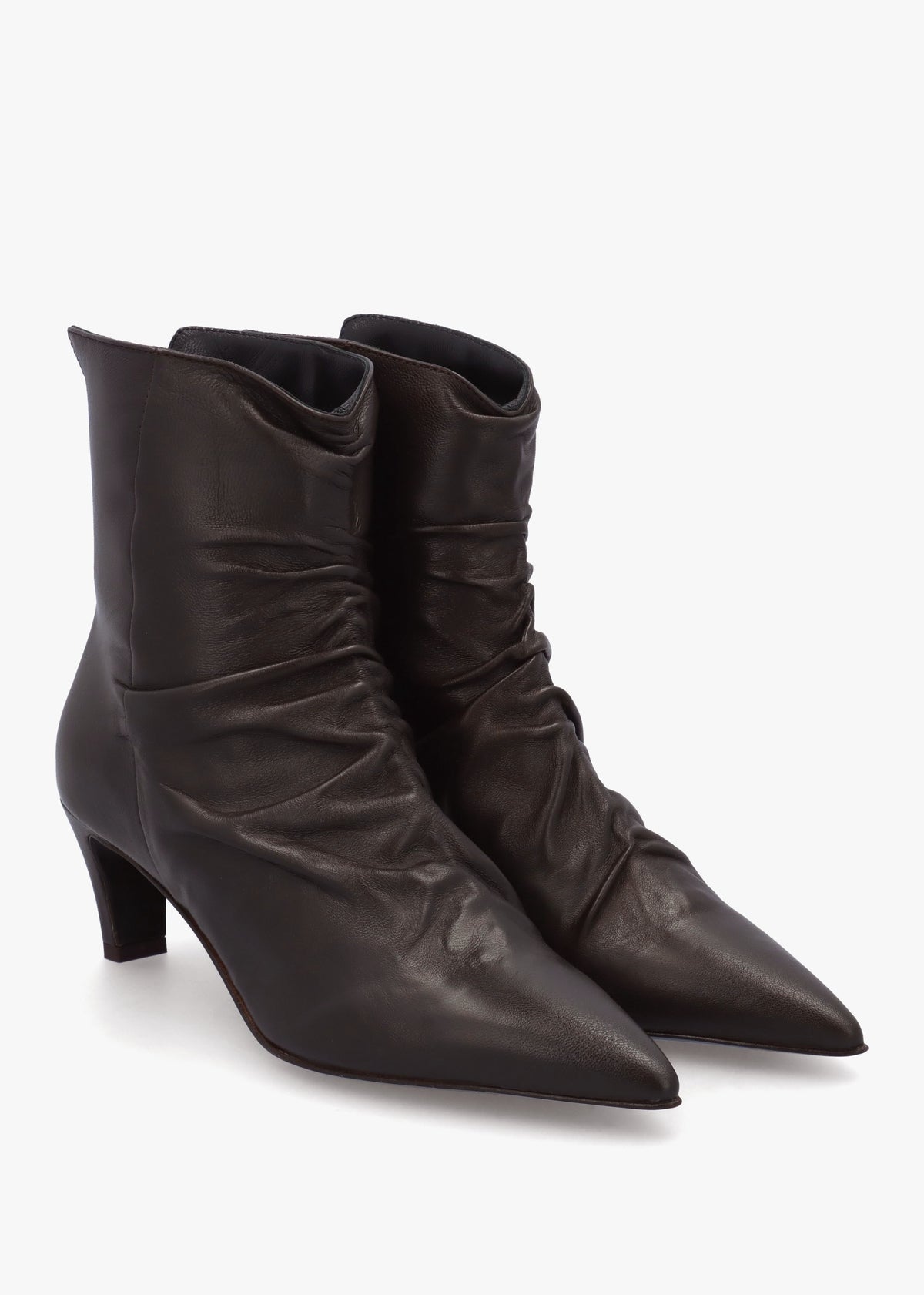 Nia Brown Leather Rouched Front Low Heel Ankle Boots