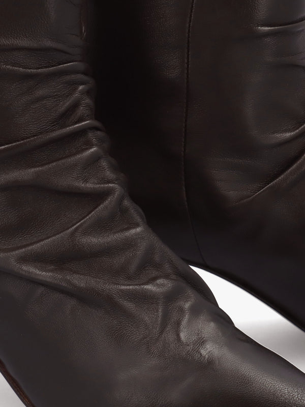 Nia Brown Leather Rouched Front Low Heel Ankle Boots