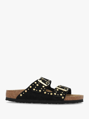 Arizona Rivet Border Black Suede Two Bar Mules