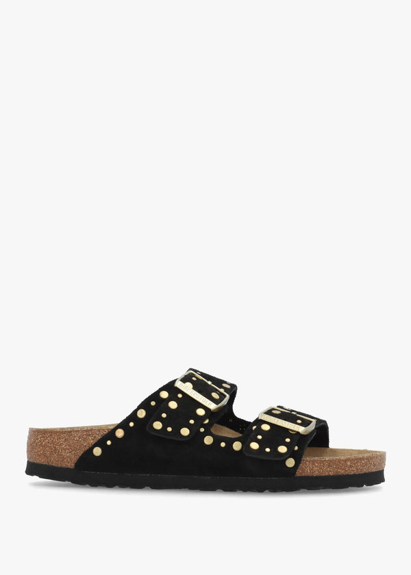 Arizona Rivet Border Black Suede Two Bar Mules