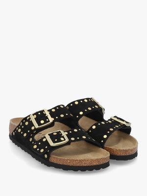 Arizona Rivet Border Black Suede Two Bar Mules