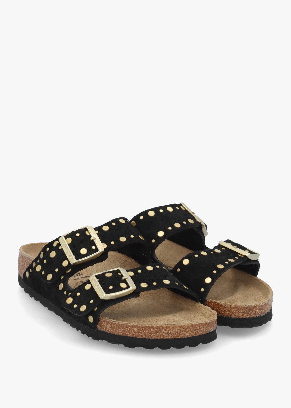 Arizona Rivet Border Black Suede Two Bar Mules